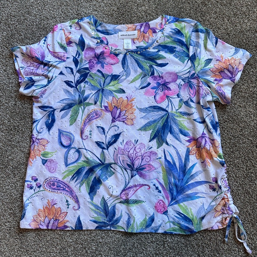 Alfred Dunner Floral Eyelet Short Sleeve Tee in White, Blue, Purple, Pink